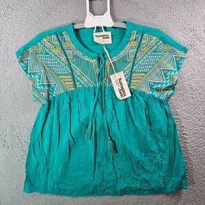 NEW Savanna Jane Top Blouse Women Small Colorful Embroidered Green Boho‎